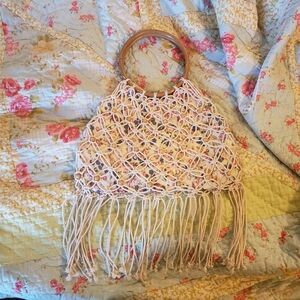 Vintage Macrame Floral Purse With Circular Bamboo Handles